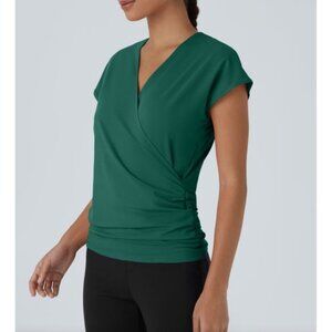 Halara V Neck Cap Sleeve Crossover Ruched Solid Work Blouse Sz Large Womens Gree